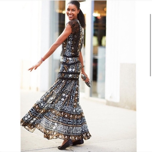 Veronica Beard Maxi Dress Boho Tiered Elly Black Lace Printed Sz 0 - Picture 4 of 7